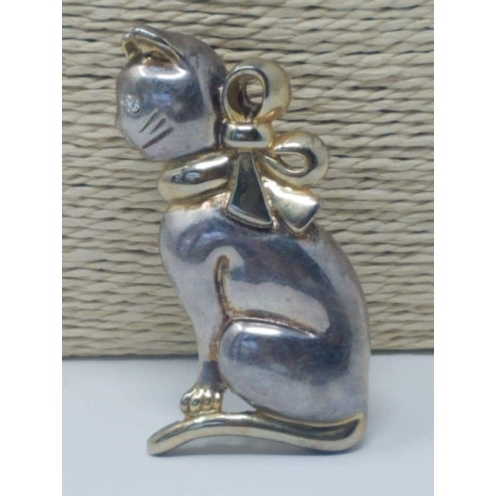 Vtg MJ cat brooch pendant women silver gold rhinestone eye whimsical novelty